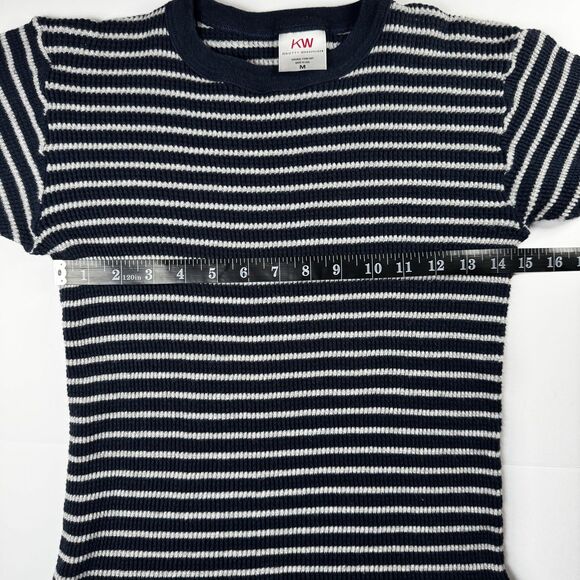 Knotty Woodpecker Farm Knit Thermal Womens Medium Blue Cream Striped Made in USA - Picture 8 of 10